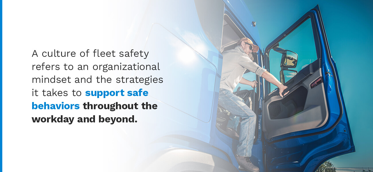 Man stepping out of semi truck with text overlay that discusses what fleet safety means.