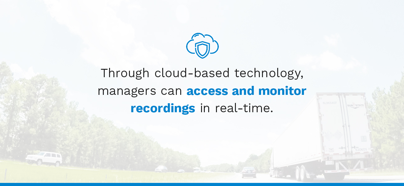 A semi truck driving down a highway next to a car with text overlay discussing how cloud-based technology allows managers to access and monitor dash cam recordings in real time.